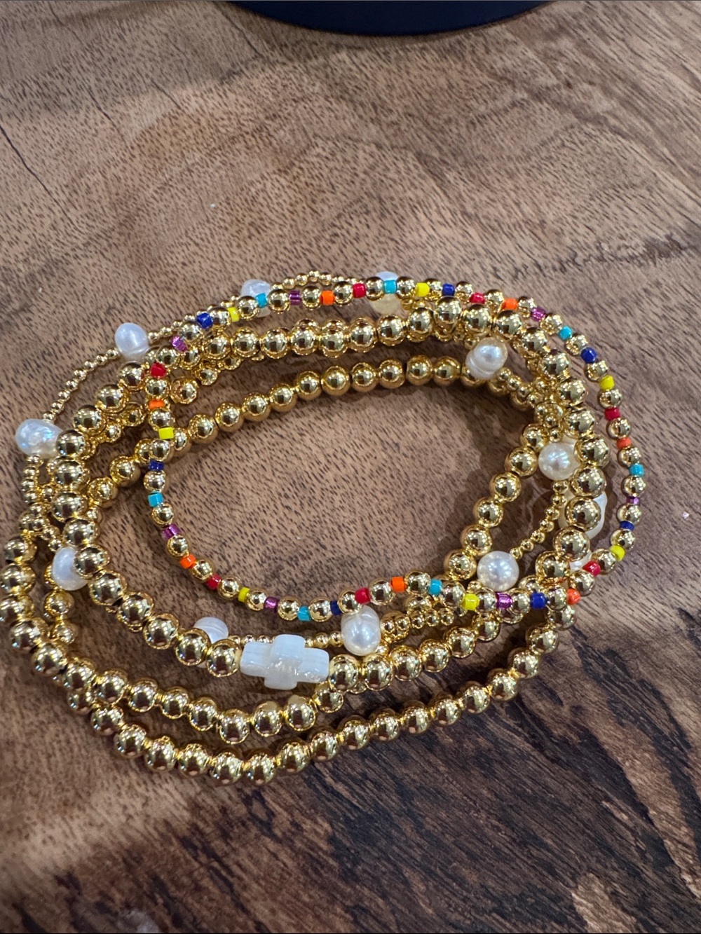 Gold Pearl Stackable Beaded Bracelet Set with White Cross Accent - Picture 13 of 14